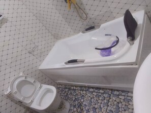 Bidet, toallas, jabón, papel de baño 