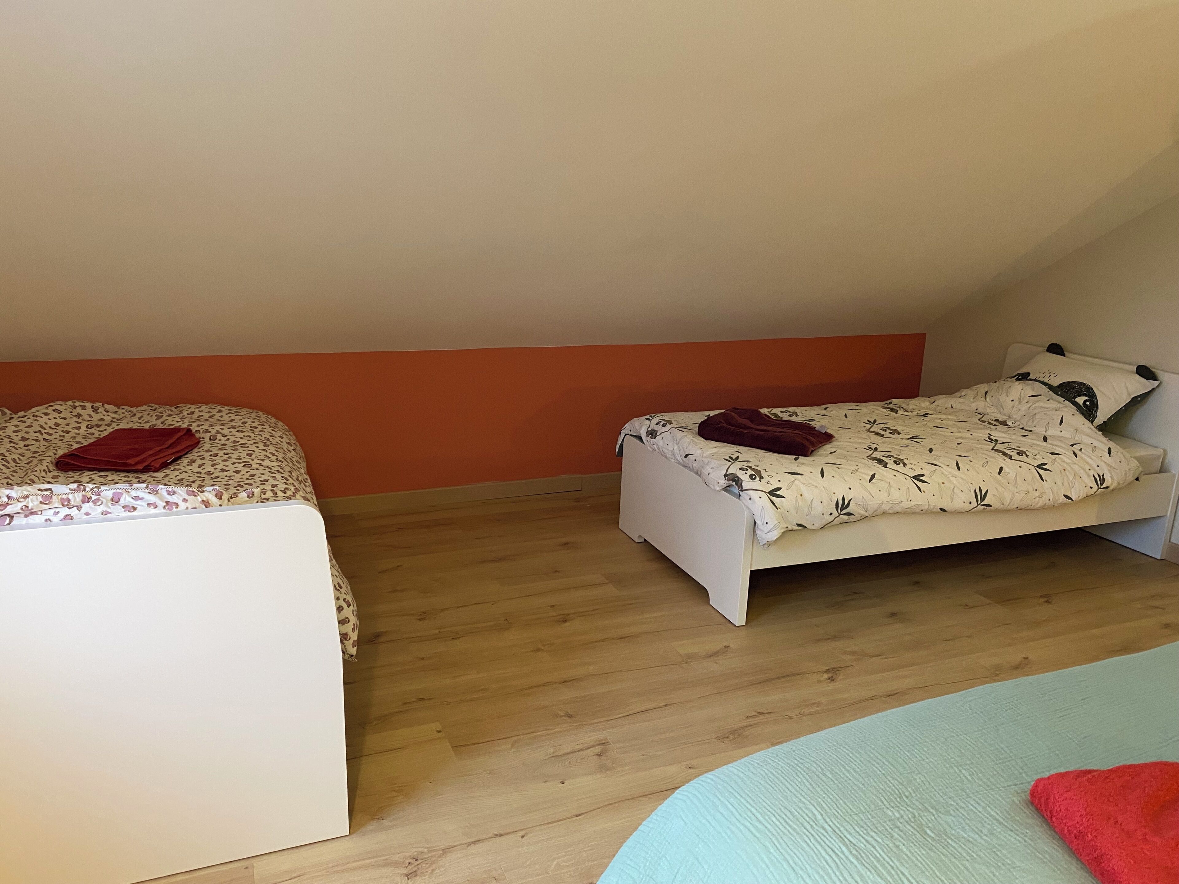 Une petite pièce simple, avec deux lits simples, un plancher en bois et des murs unis.