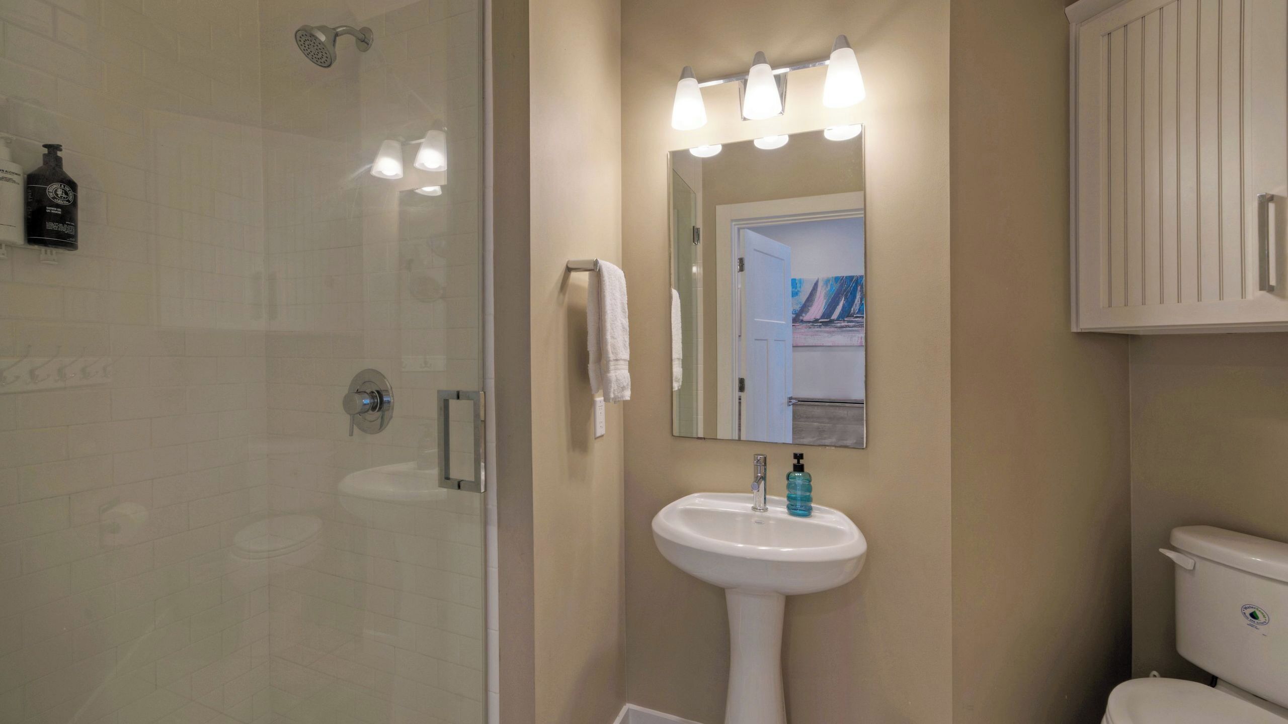 A bathroom with a glass shower enclosure, a white sink with a mirror above it, and a toilet.