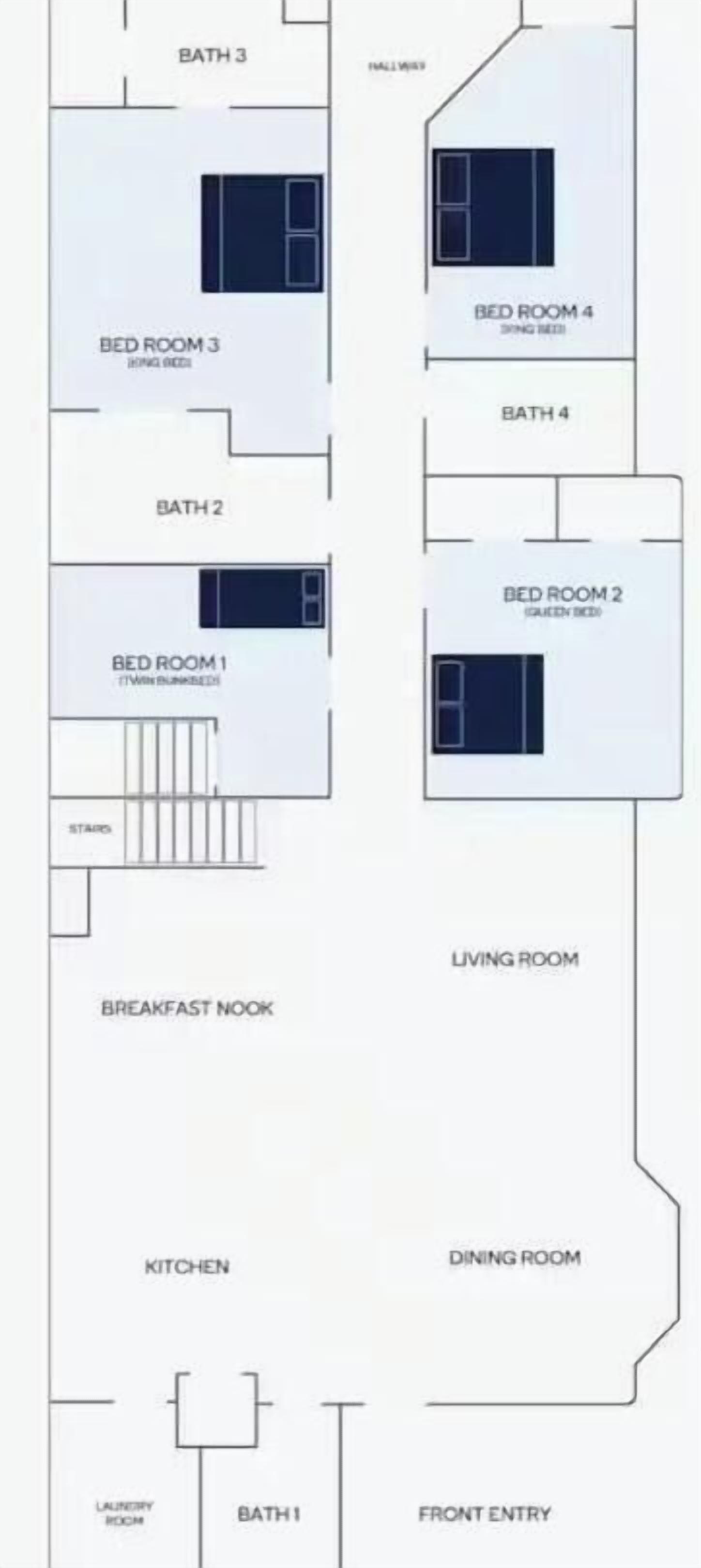 Een plattegrond met vier slaapkamers, twee badkamers, een keuken, een eetkamer, een woonkamer, een ontbijthoek en een entree.