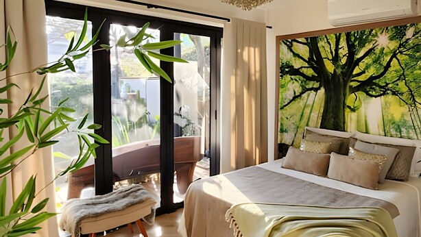 A bedroom with a bed, a large window, a tree mural, and a ceiling light fixture. - Chalé Ateliê Poder das Pedras (São Paulo)