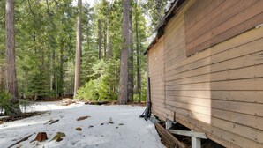 A wooden cabin in a forest with snow on the ground. - Walk to Trails & Butte Creek: Cozy Retreat w/ Deck (Butte Meadows)