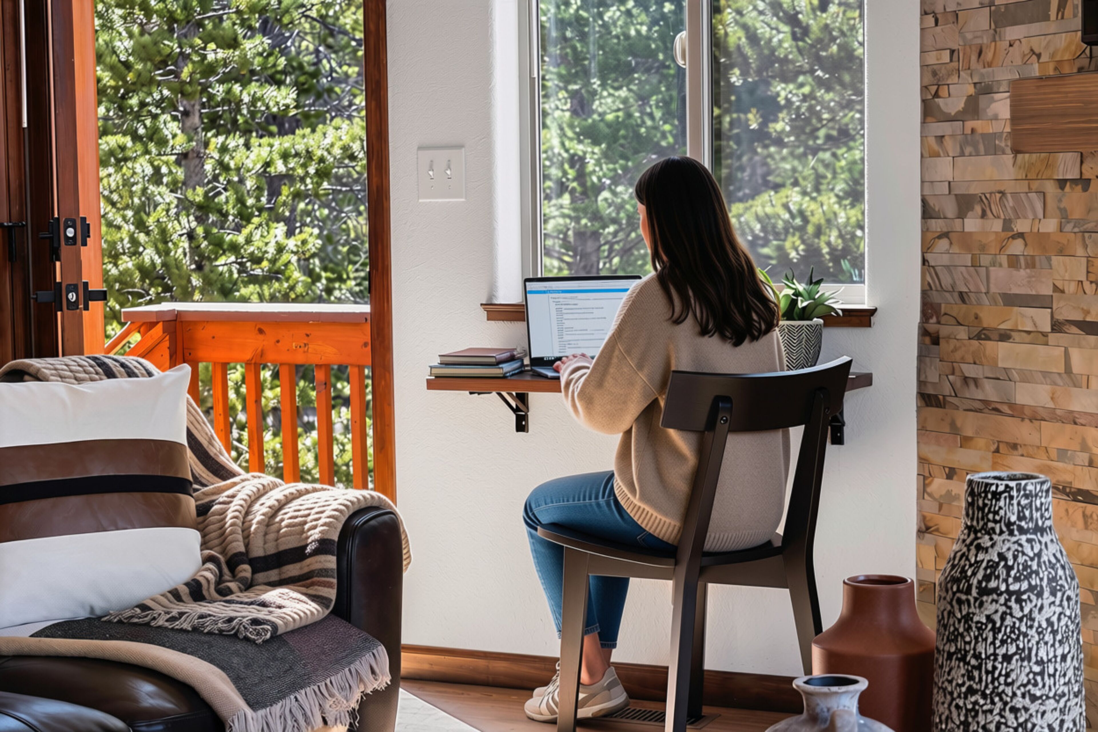 A person sitting at a desk by a window with a laptop, a plant, and a bookshelf.