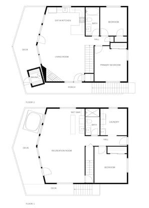 Plano de planta de una casa de dos pisos. La planta baja incluye una sala de estar, un dormitorio principal, un baño, un vestíbulo, un bar americano y una sala de recreación. El primer piso tiene una cocina con comedor, una sauna, un porche y un dormitorio.
