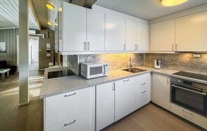 Fridge, stovetop, dishwasher, coffee/tea maker