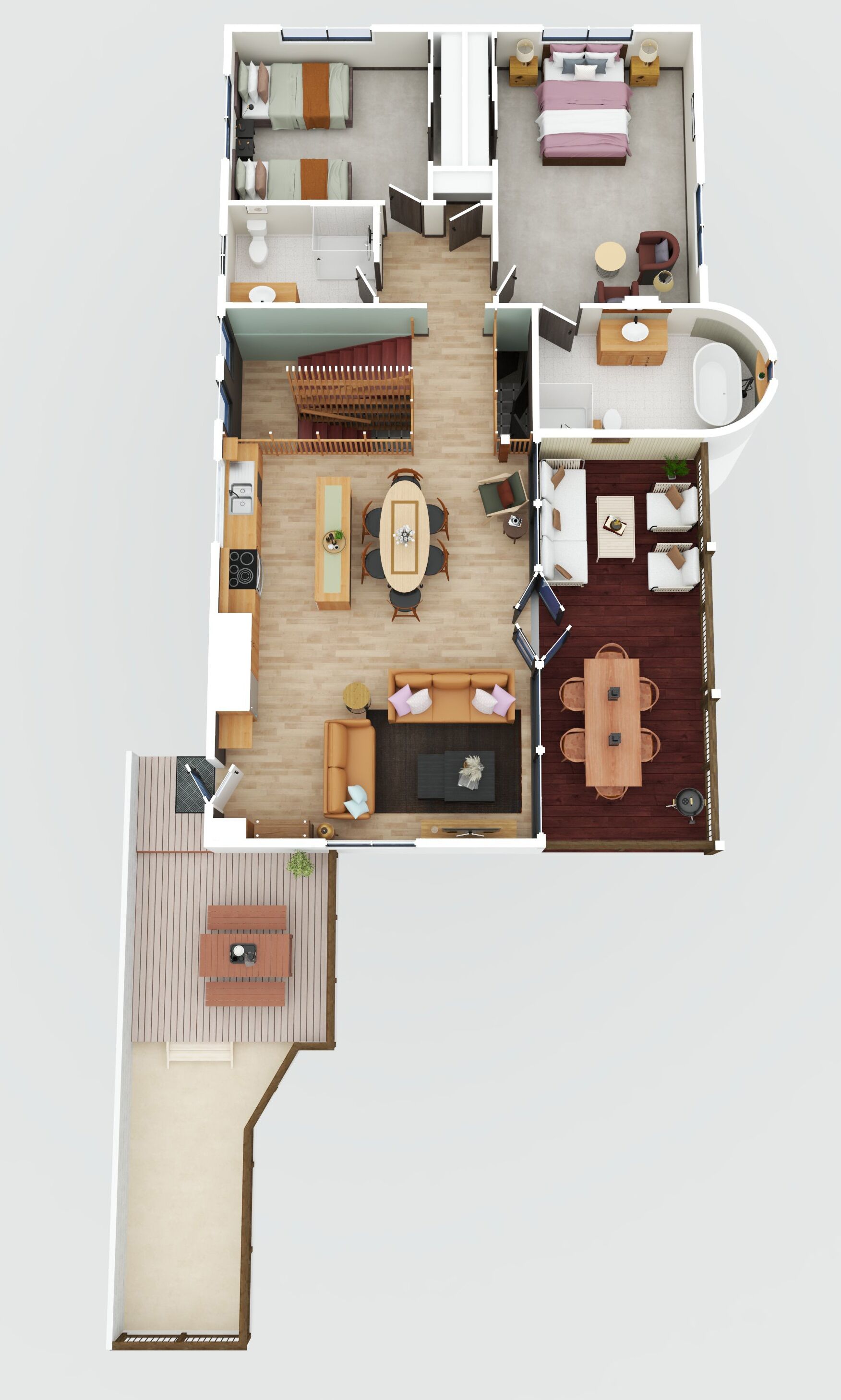 A 2-bedroom apartment layout with a kitchen, dining area, living room, and balcony.