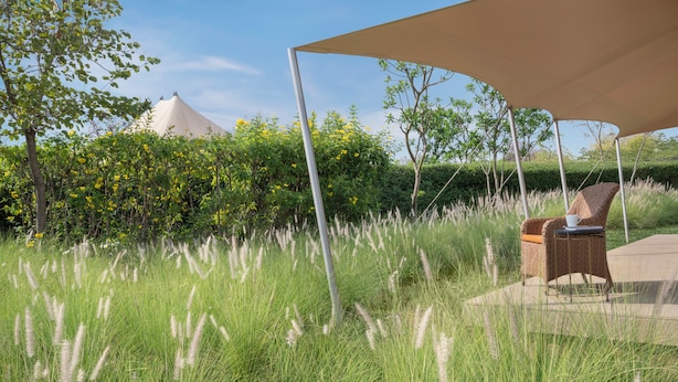 A covered outdoor seating area with a wicker chair and a table, surrounded by tall grass and trees.
