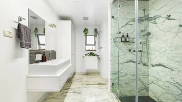 Shower, hair dryer, towels, soap