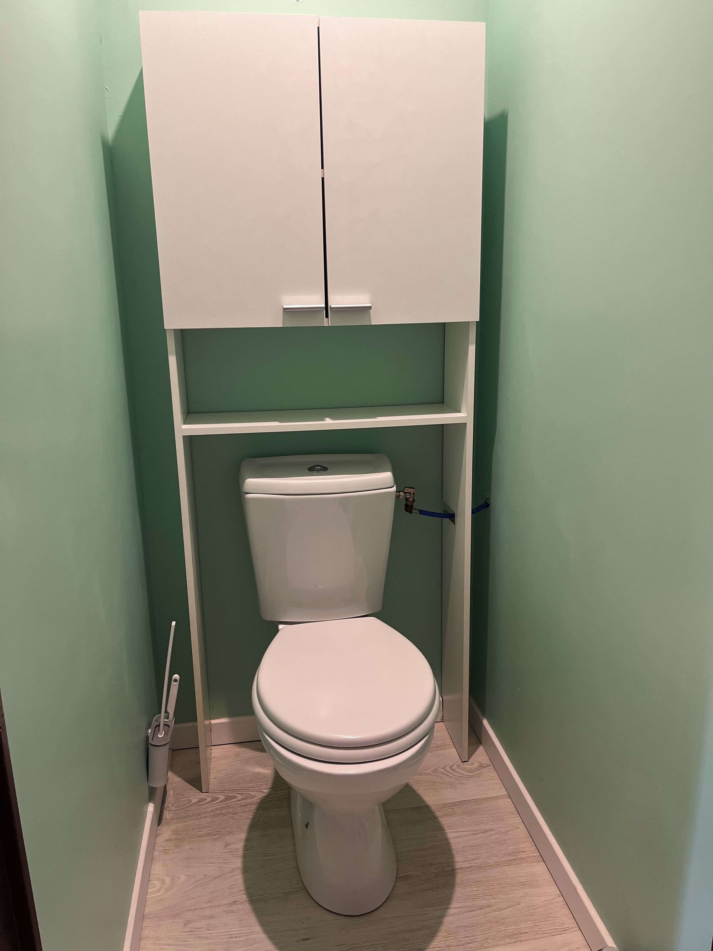 A small bathroom with a toilet, a cabinet above the toilet, and a shelf below.