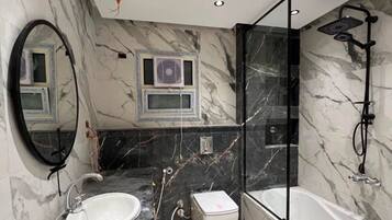 Shower, hair dryer, bidet, towels