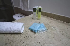 Sèche-cheveux, serviettes fournies, savon, papier toilette