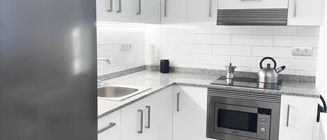 Frigorífico, microondas, horno y placa de cocina