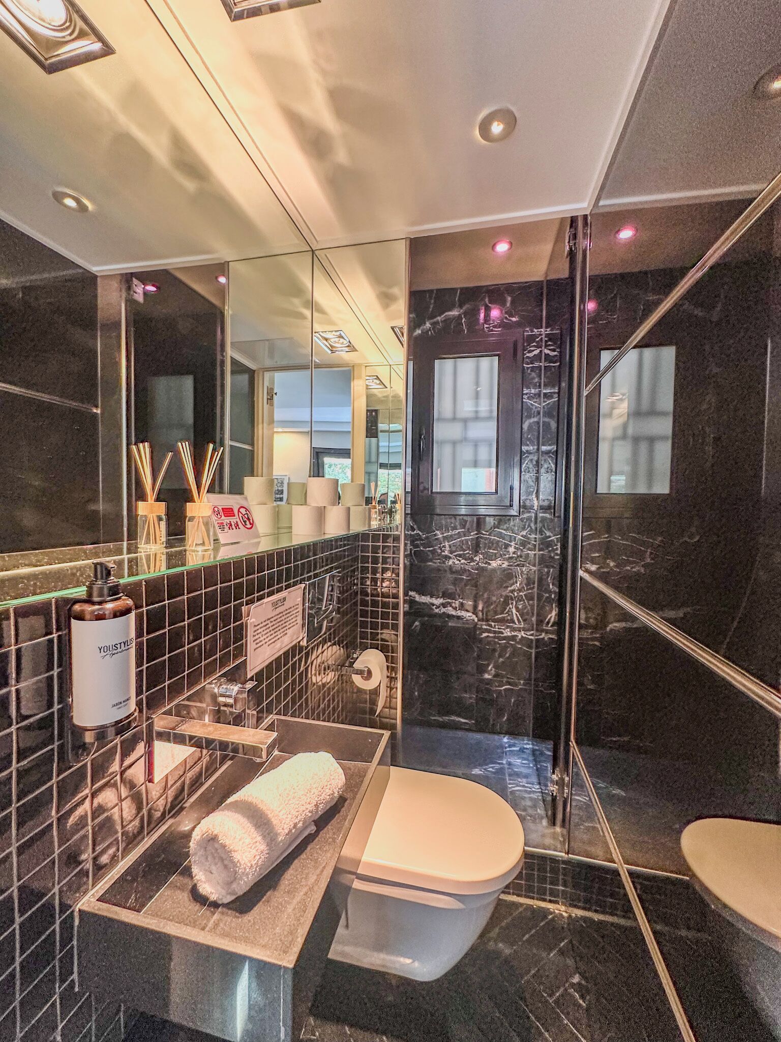 Secadora de cabello, bidet, toallas, jabón 