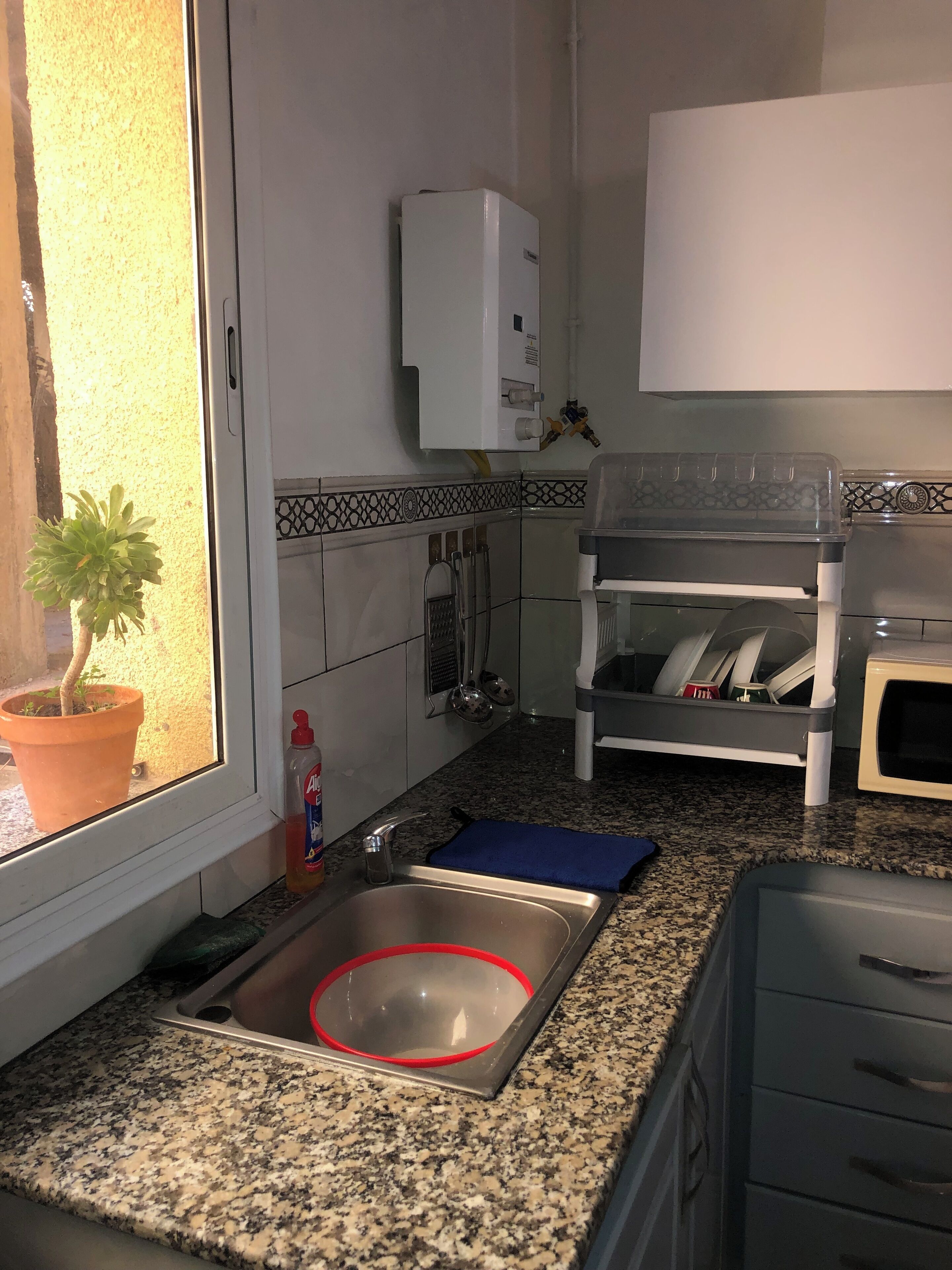 A kitchen with granite countertops, a stainless steel sink with a red basin, a microwave, a dish rack, and a potted plant by the window.