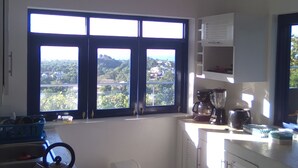 A kitchen with a gas stove, a trash bin, and a view of a green landscape through large windows.
