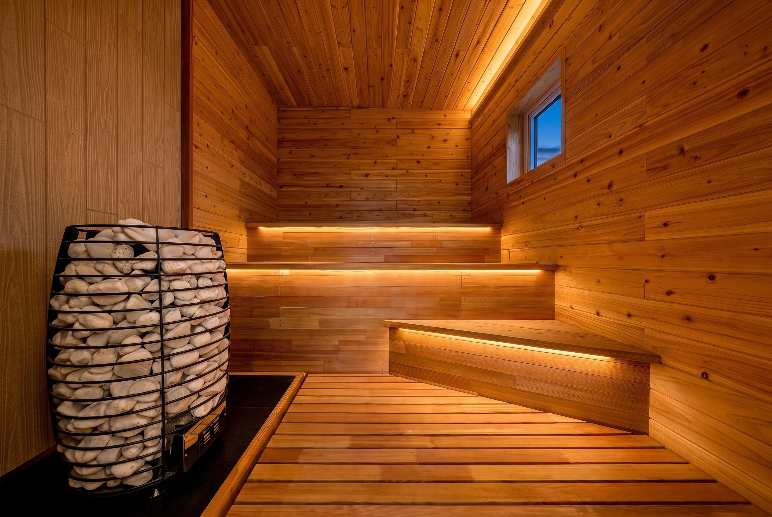 Un sauna avec des murs et des bancs en bois, un mur en pierre et une fenêtre.