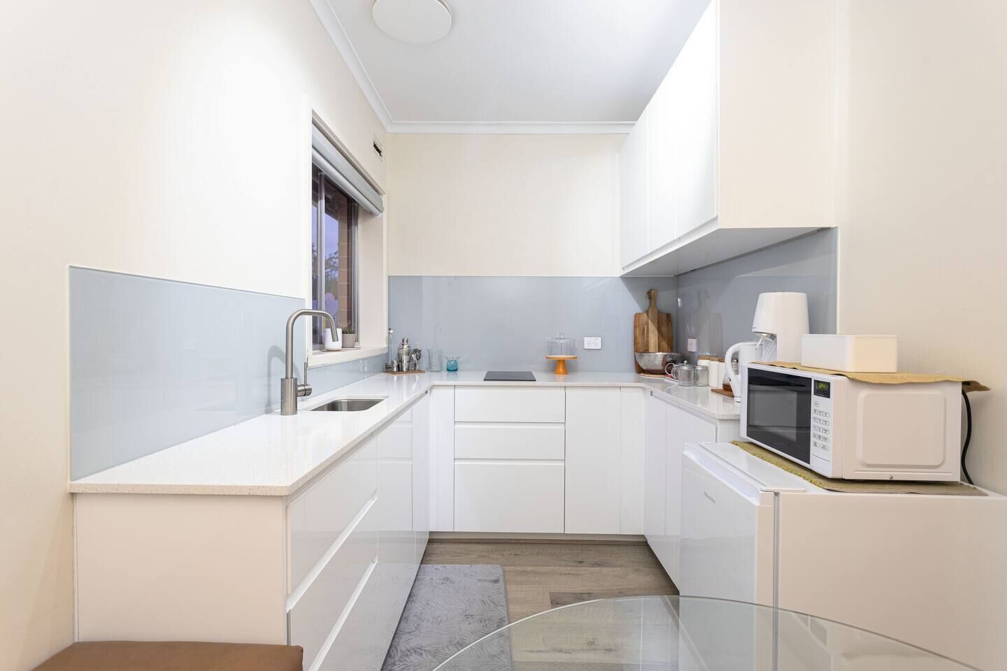 Fridge, microwave, stovetop, cookware/dishes/utensils