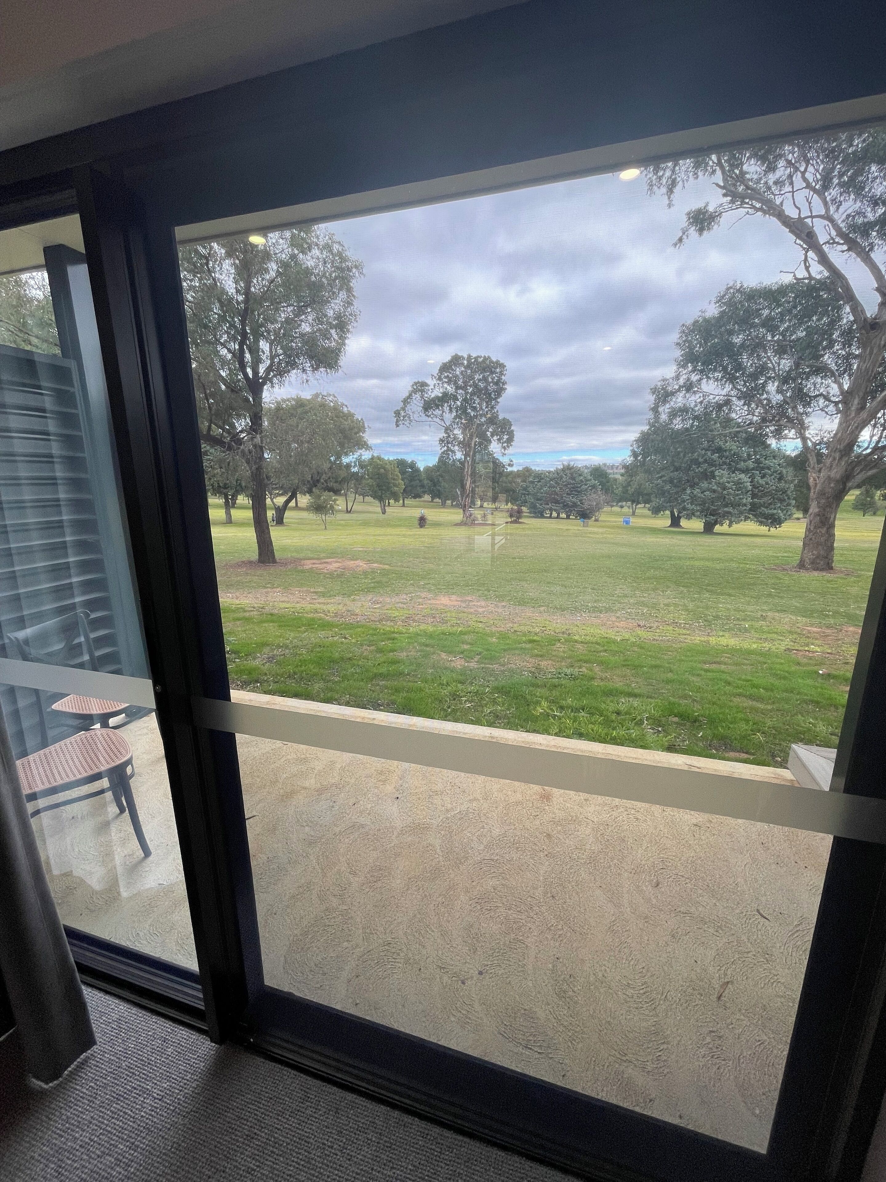 A view from a room with a large window overlooking a grassy area with trees.