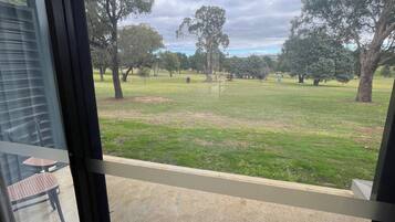 A view from a room with a large window overlooking a grassy area with trees.