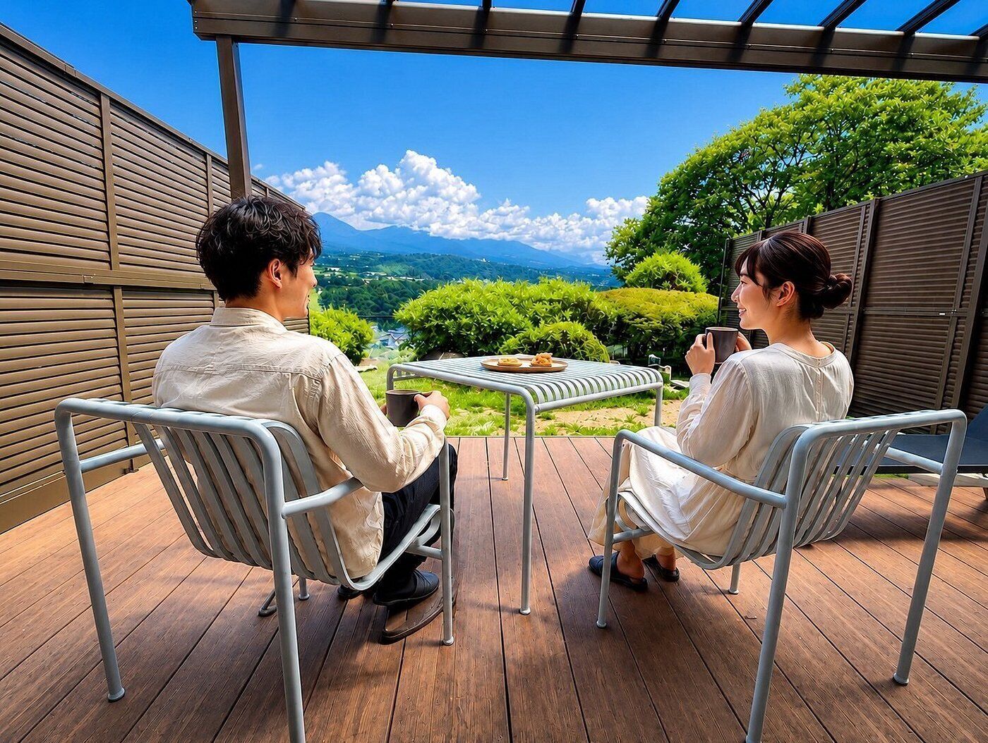 Dos personas sentadas en una mesa con vistas a un paisaje montañoso.