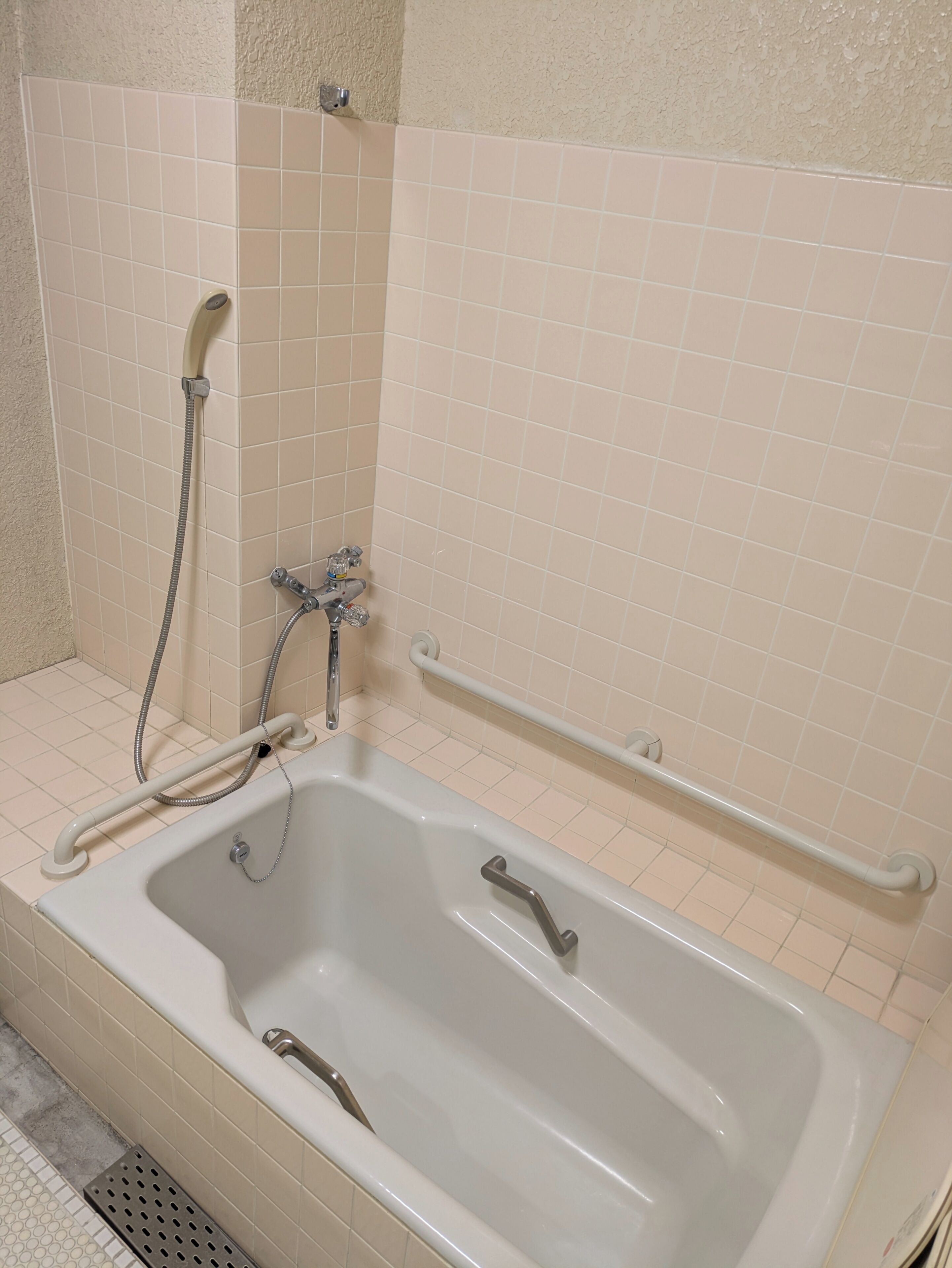 Una bañera estándar con un cabezal de ducha manual, una barra de apoyo y un desagüe en el suelo.