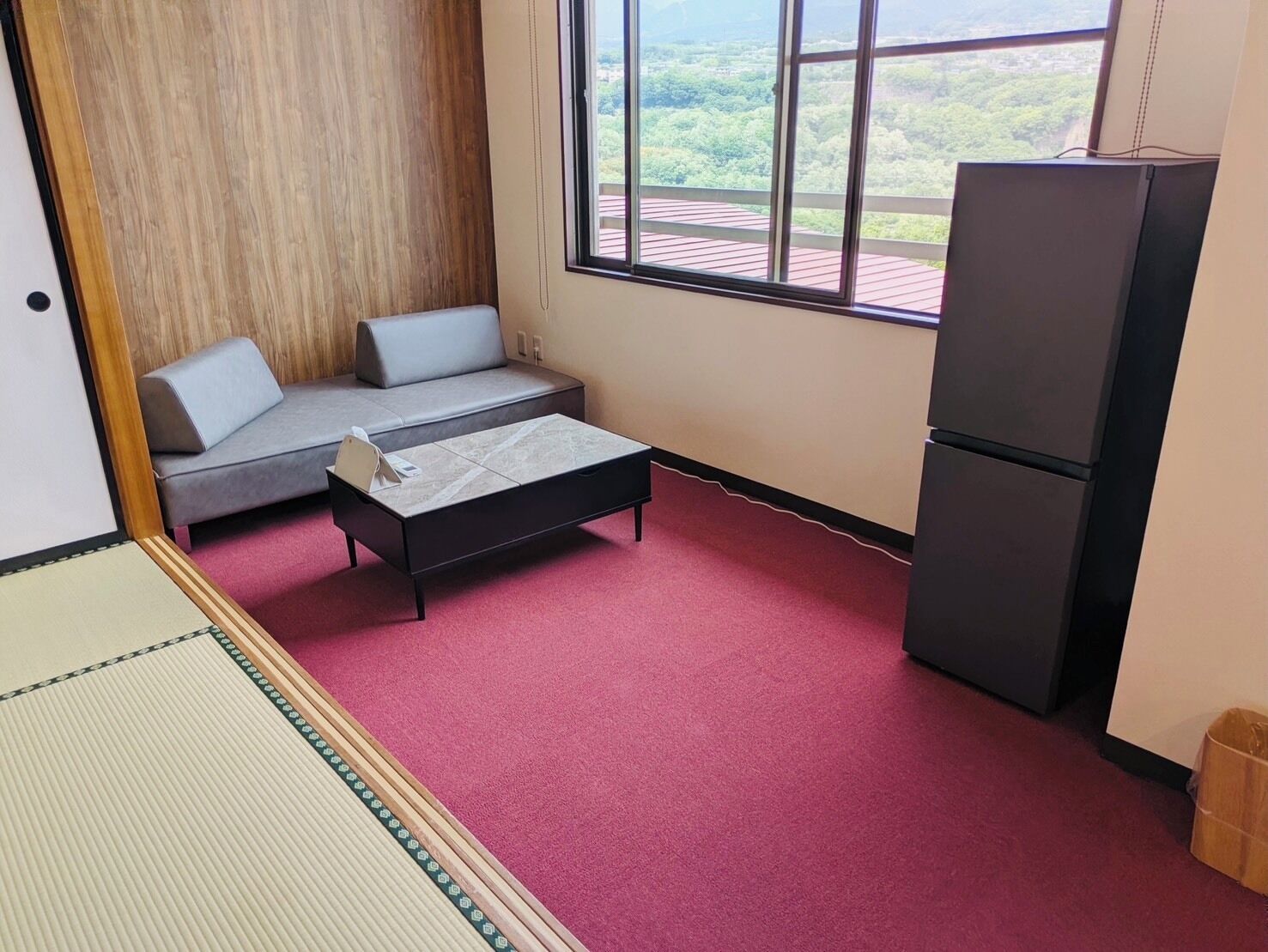 Une pièce comprenant un canapé, une petite table, un réfrigérateur et une fenêtre donnant sur un paysage verdoyant.