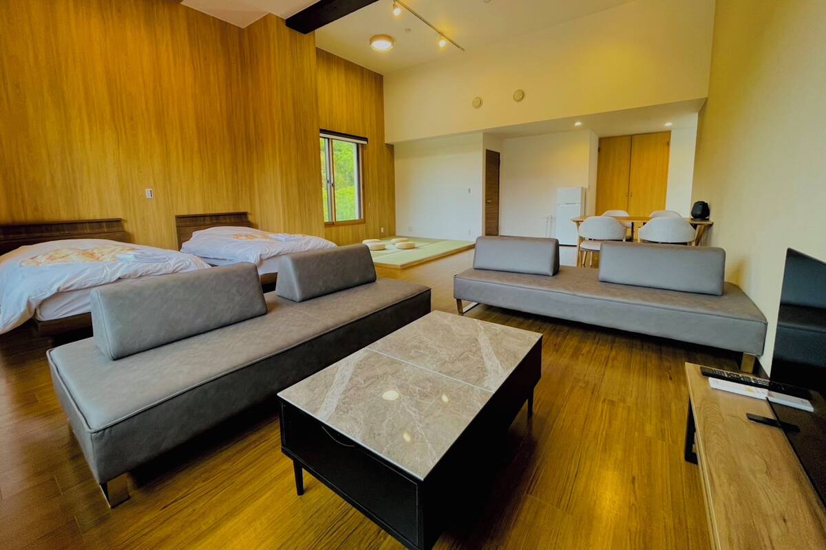Une chambre d’hôtel moderne avec un plancher en bois, un canapé, un lit, une petite table et un téléviseur.