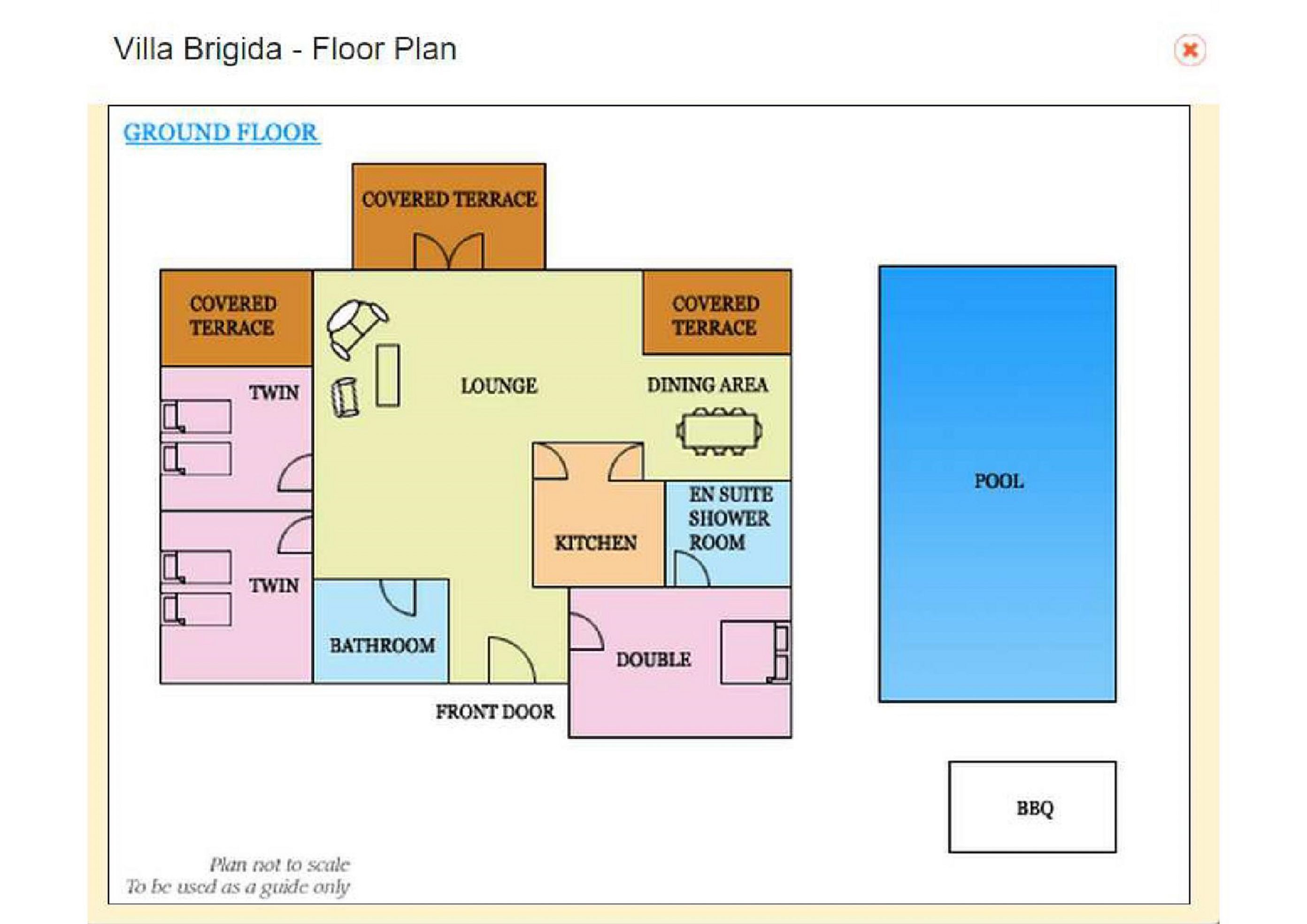 Plan d’étage de la villa Brigida, comprenant une piscine, des terrasses couvertes, un salon, un coin repas, une cuisine, une salle de bain, une chambre double et des chambres à deux lits.