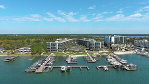 Een jachthaven met meerdere steigers en boten, omgeven door moderne gebouwen met een golvend ontwerp, en een helder uitzicht op het water en de lucht.