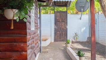 Pathway leads to an entrance with potted plants and a satellite dish.