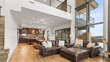 Smart TV, chimenea, libros, oficina