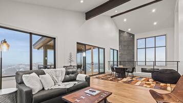 Smart TV, fireplace, books, offices