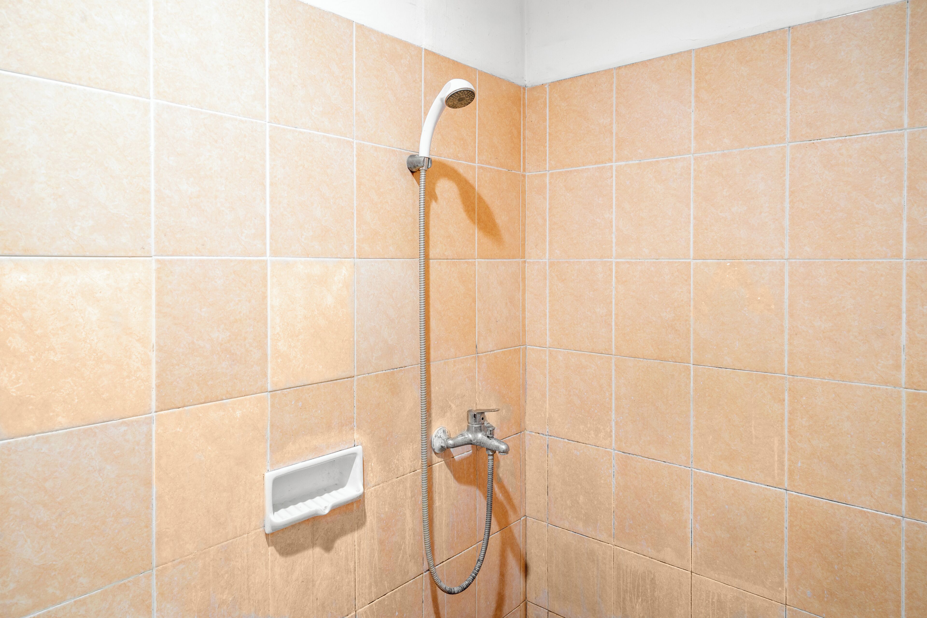 A shower with a handheld showerhead and a wall-mounted faucet.
