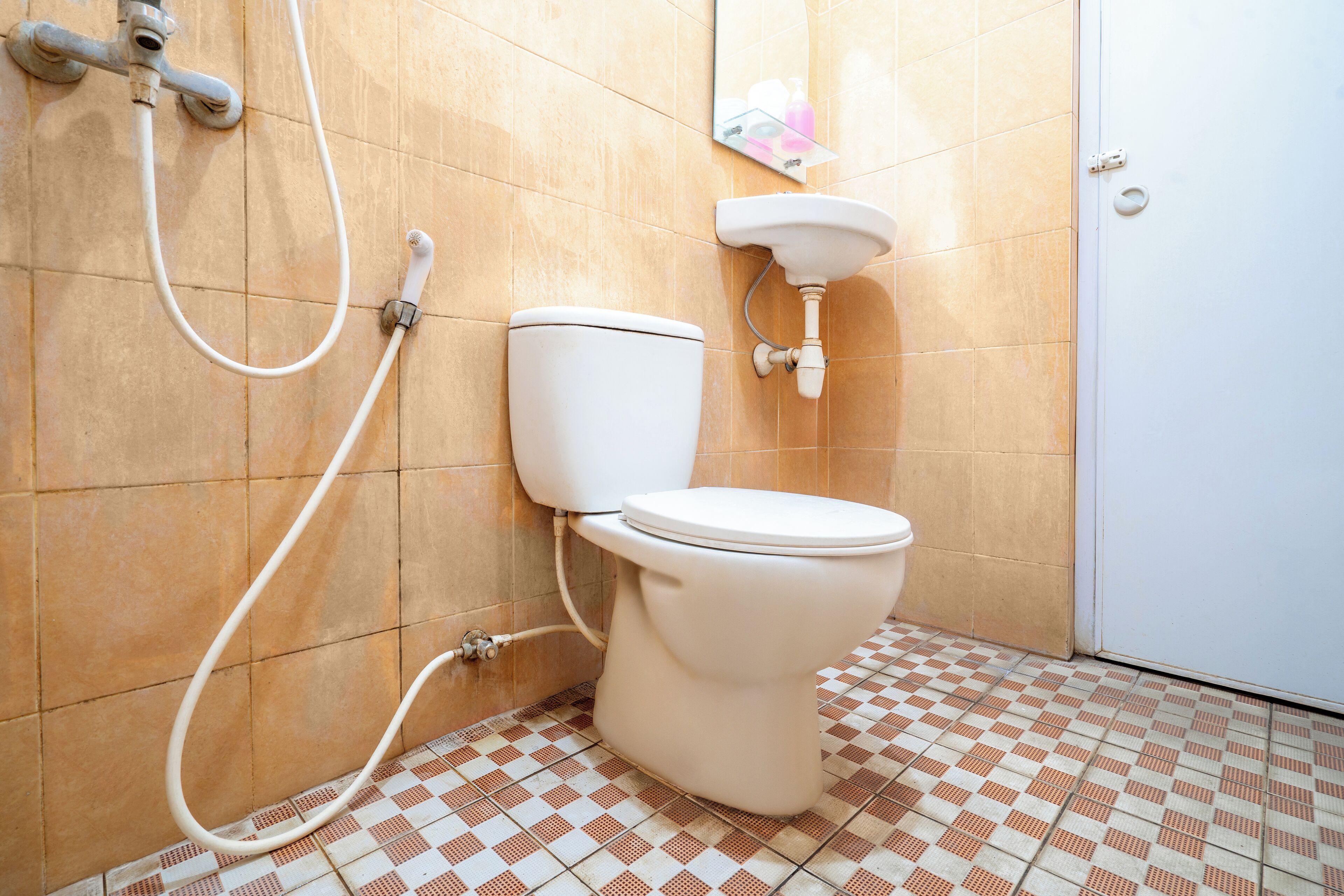 Ein Badezimmer mit Toilette, Dusche und Waschbecken.