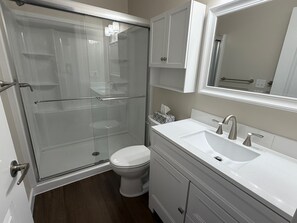 A bathroom with a glass-enclosed shower, a toilet, a sink with a mirror, and a cabinet. - 2026 Remodeled waterfront 1 bedroom escape on Lake Michigan in Glen Arbor MI (Glen Arbor)