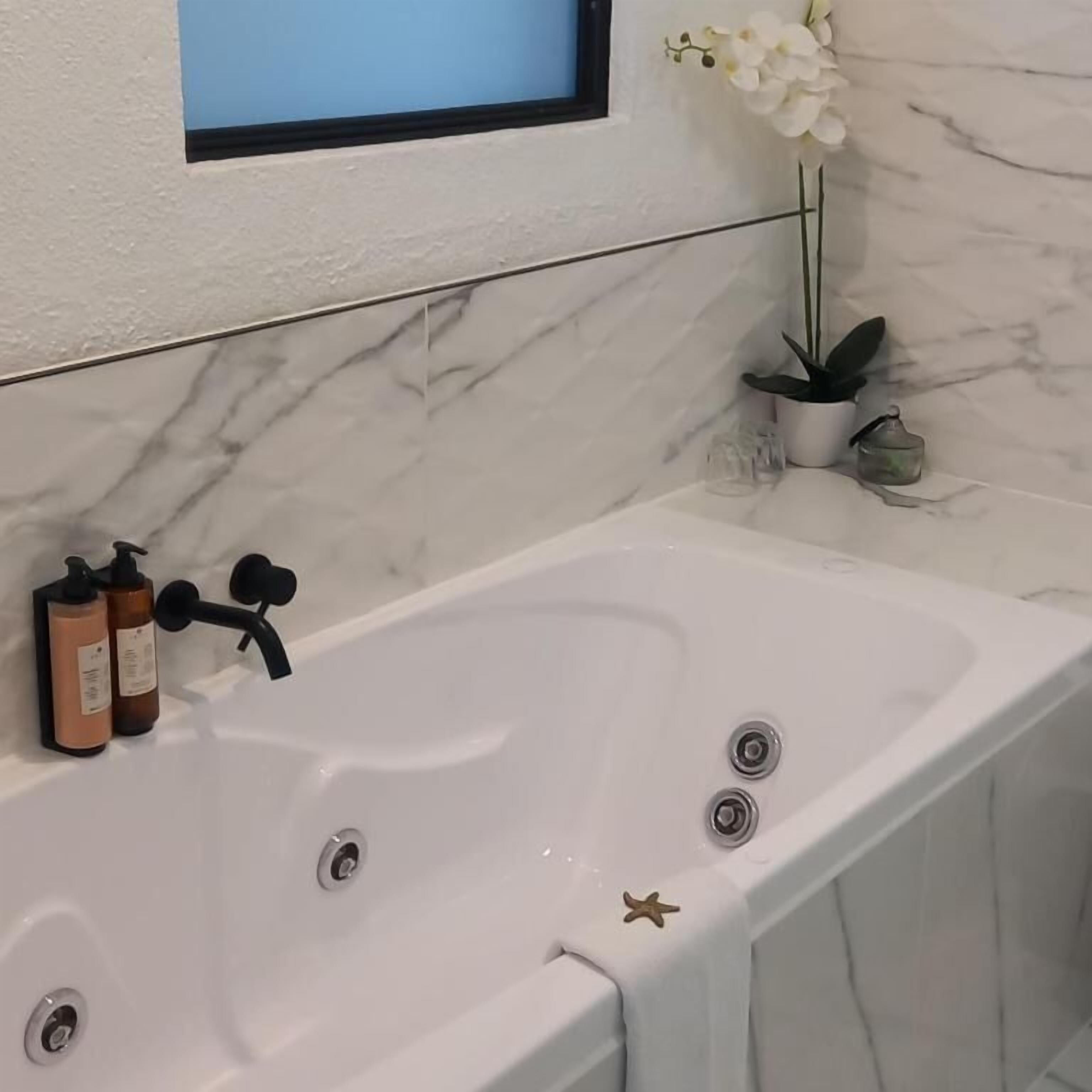 A bathroom with a white bathtub, a small window, a potted plant, and two bottles of shampoo.
