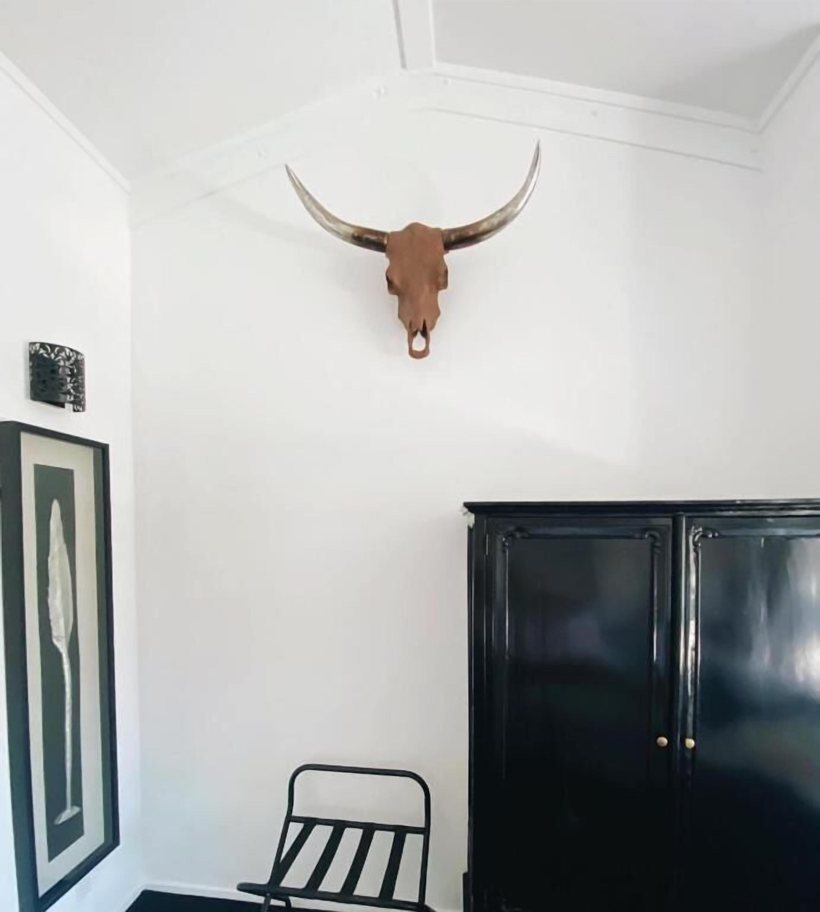 Quarto com um armário preto, um quadro na parede e um crânio de touro fixado no teto.