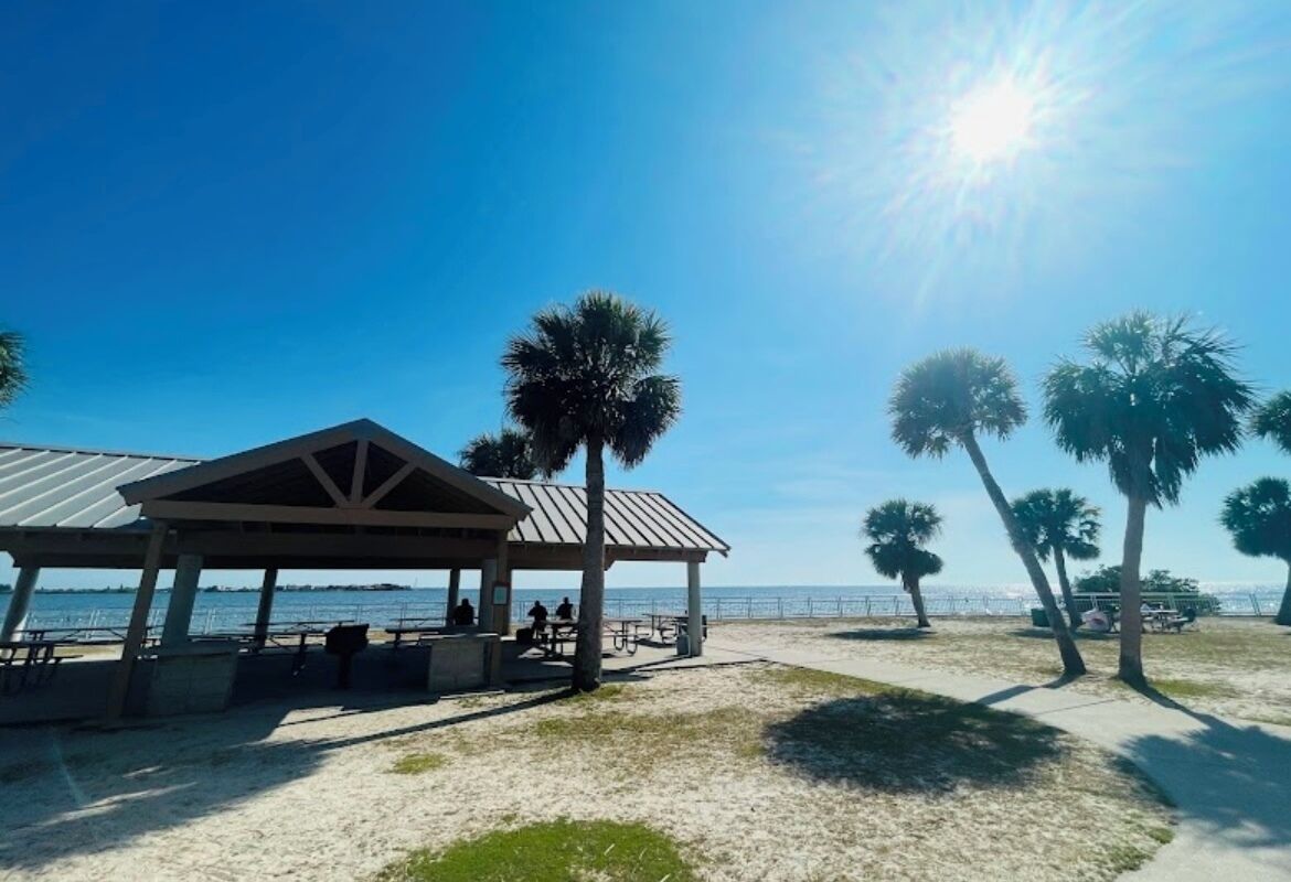 A beachside pavilion with tables and benches, palm trees, and a clear view of the ocean.