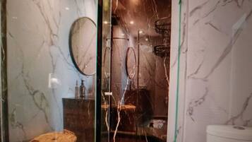 Hair dryer, towels, soap, toilet paper