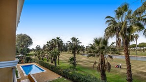 A pool surrounded by palm trees and a well-maintained lawn, viewed from a balcony.