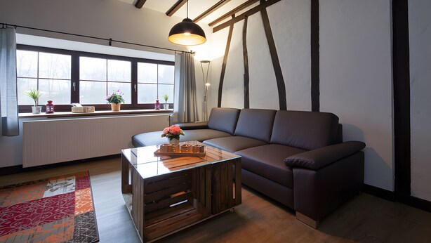 A modern living room with a brown leather sofa, a wooden coffee table, and a large window with curtains. - Apartment 'Blomberg' with Shared Terrace and Wi-Fi (Meinerzhagen)