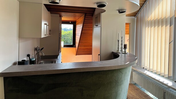 A modern kitchen with a curved countertop, a window with a view of greenery, and a wooden ceiling.