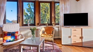Ein Zimmer mit einem weißen Sofa, einem Korbstuhl, einem kleinen Tisch, einem Fernseher und einer Heizung.