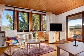 Una habitación con techo de madera, ventanas amplias, televisor, mesa de comedor, una silla y un armario.