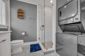 Shower, hair dryer, shampoo