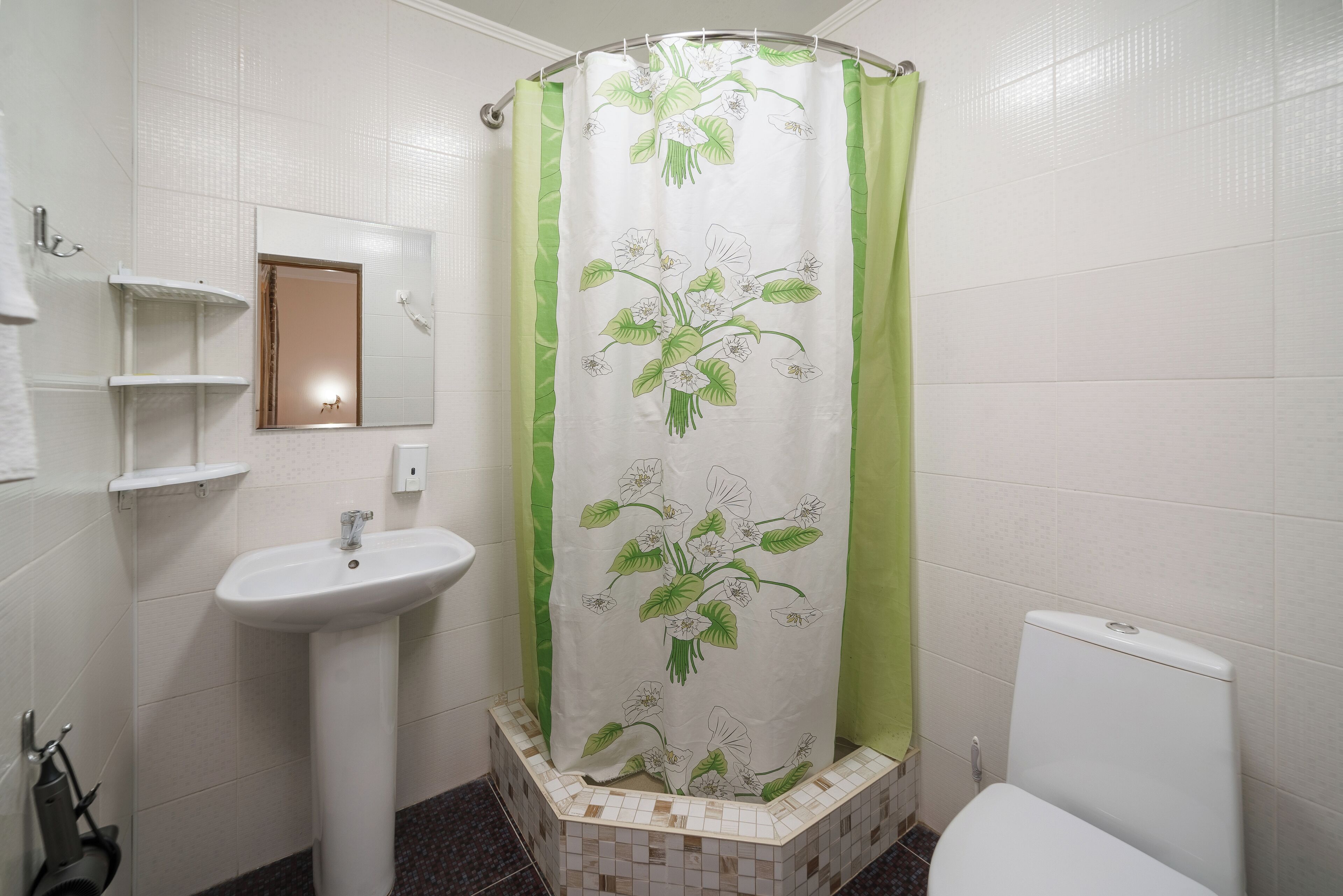 A bathroom with a white sink, a toilet, and a shower curtain with a floral design.