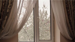 A bedroom with a bed, a wooden bench, a potted plant, and a window with curtains.