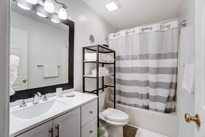 Hair dryer, towels, shampoo