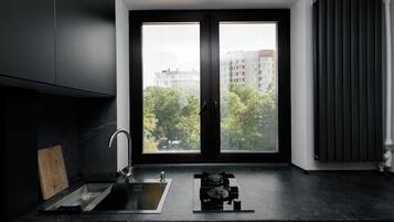 Fridge, stovetop, coffee/tea maker, toaster