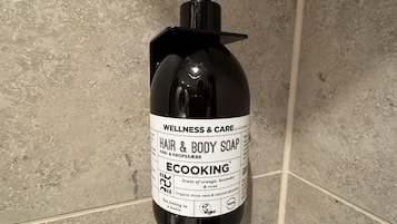 A bottle of hair and body soap with a pump dispenser, labeled 'WELLNESS & CARE by ECOOKING'.